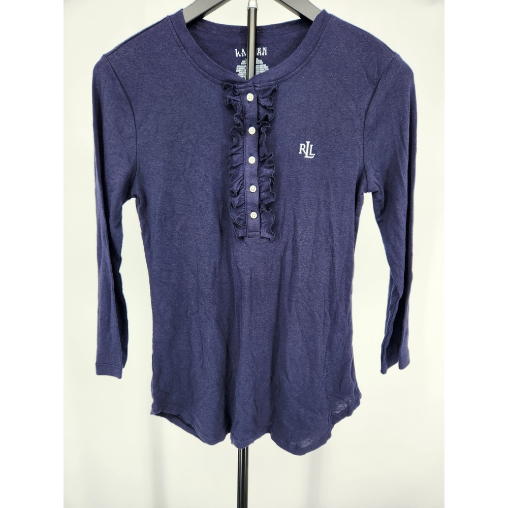 Lauren Ralph Lauren Navy Blue Ruffle Henley Long Sleeve Top XS RLL Monogram